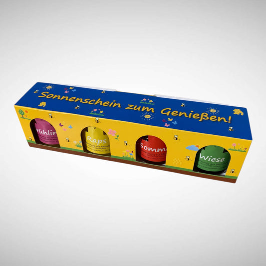 Geschenk-Set 4 x 50g Honig in hochwertiger Holzkiste oder im Schmuckkarton