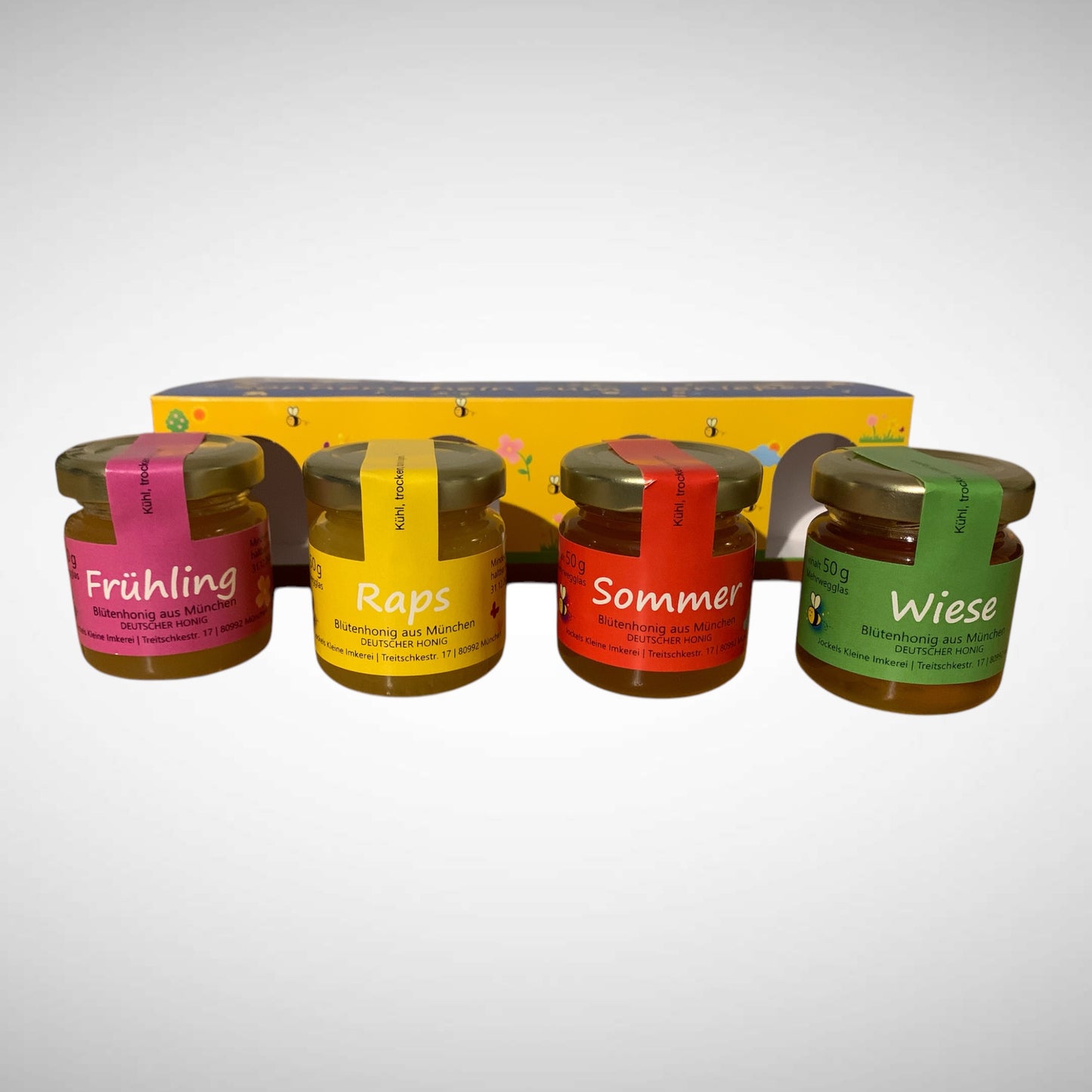 Geschenk-Set 4 x 50g Honig in hochwertiger Holzkiste oder im Schmuckkarton