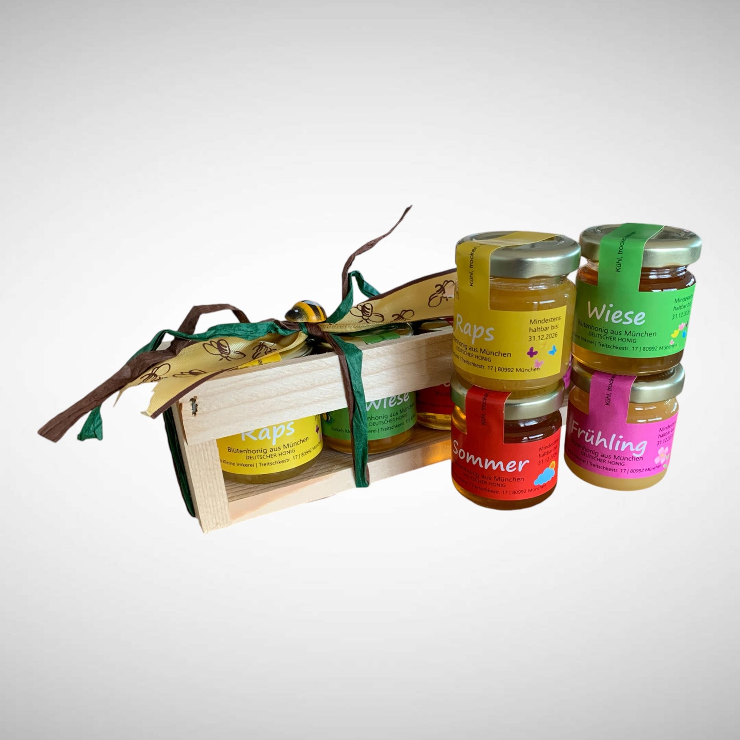 Geschenk-Set 4 x 50g Honig in hochwertiger Holzkiste oder im Schmuckkarton
